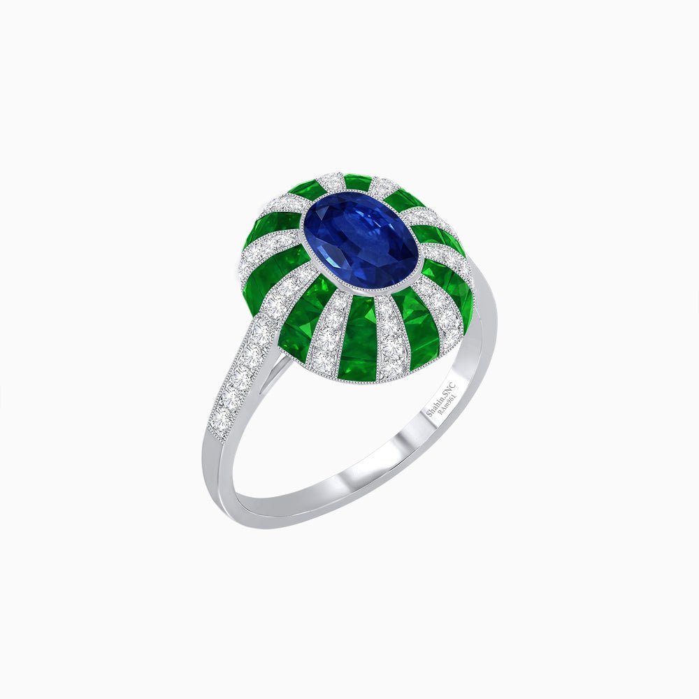 Art Deco Inspired Oval Calibré-Cut Sunburst Dome Ring - Shahin Jewelry
