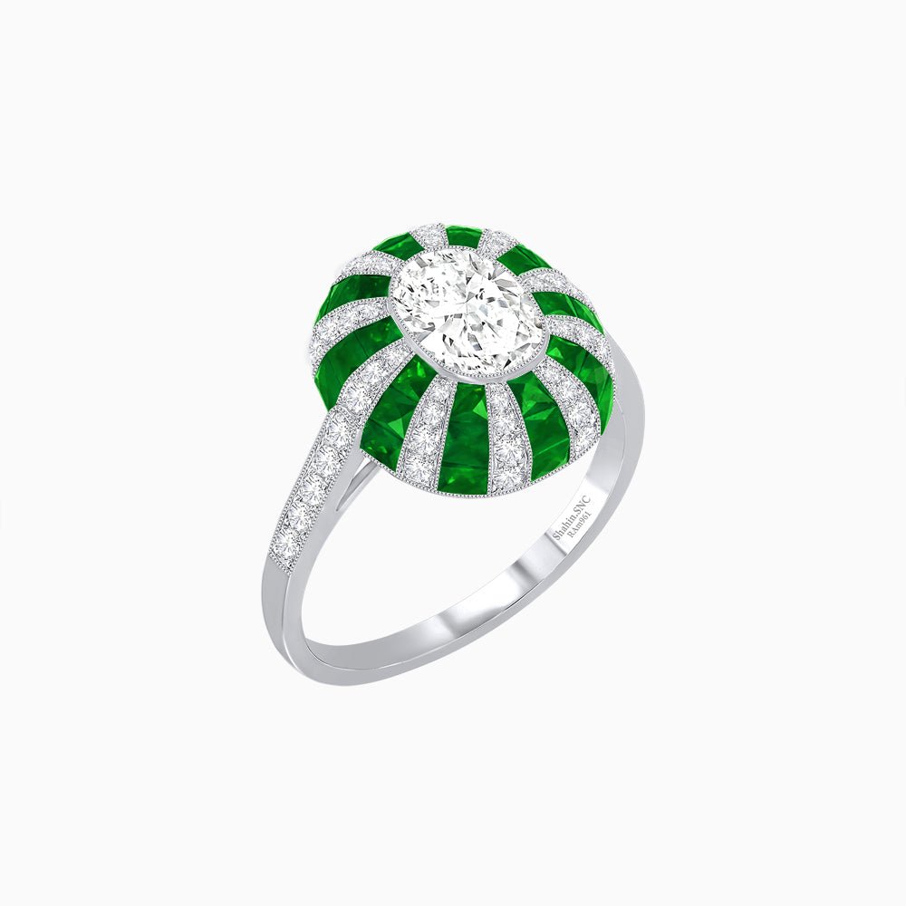 Art Deco Inspired Oval Calibré-Cut Sunburst Dome Ring - Shahin Jewelry