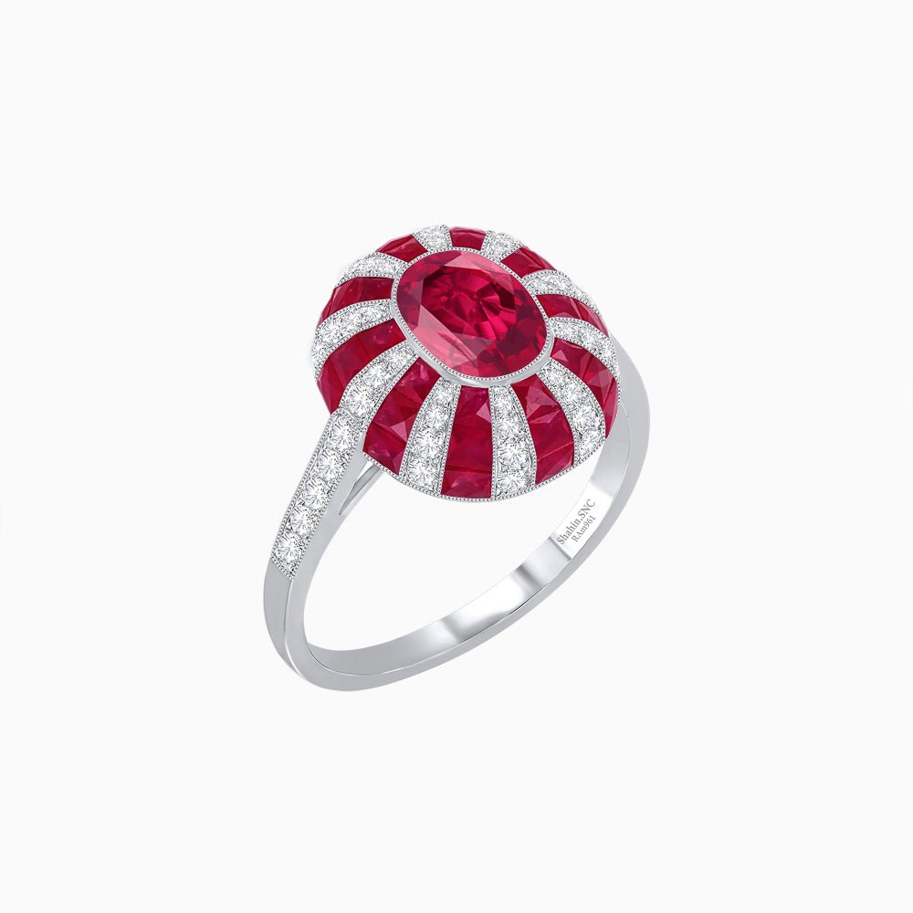 Art Deco Inspired Oval Calibré-Cut Sunburst Dome Ring - Shahin Jewelry