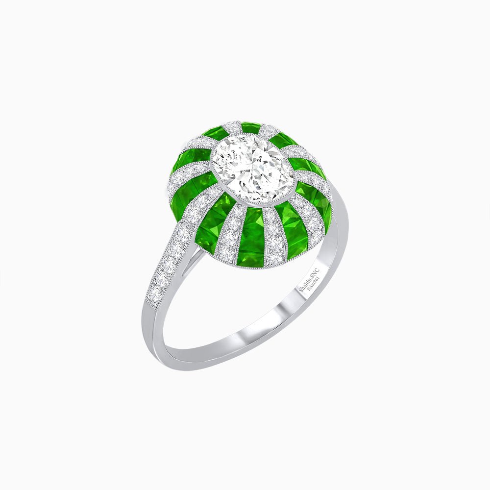 Art Deco Inspired Oval Calibré-Cut Sunburst Dome Ring - Shahin Jewelry