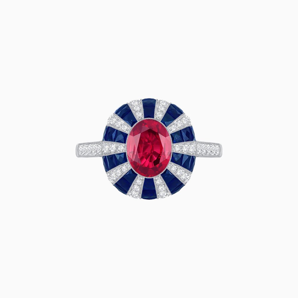 Art Deco Inspired Oval Calibré-Cut Sunburst Dome Ring - Shahin Jewelry