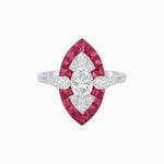 Load image into Gallery viewer, Art Deco Inspired Oval Cut Center Ring with Calibré-Cut Gemstone Navette Halo - Shahin Jewelry