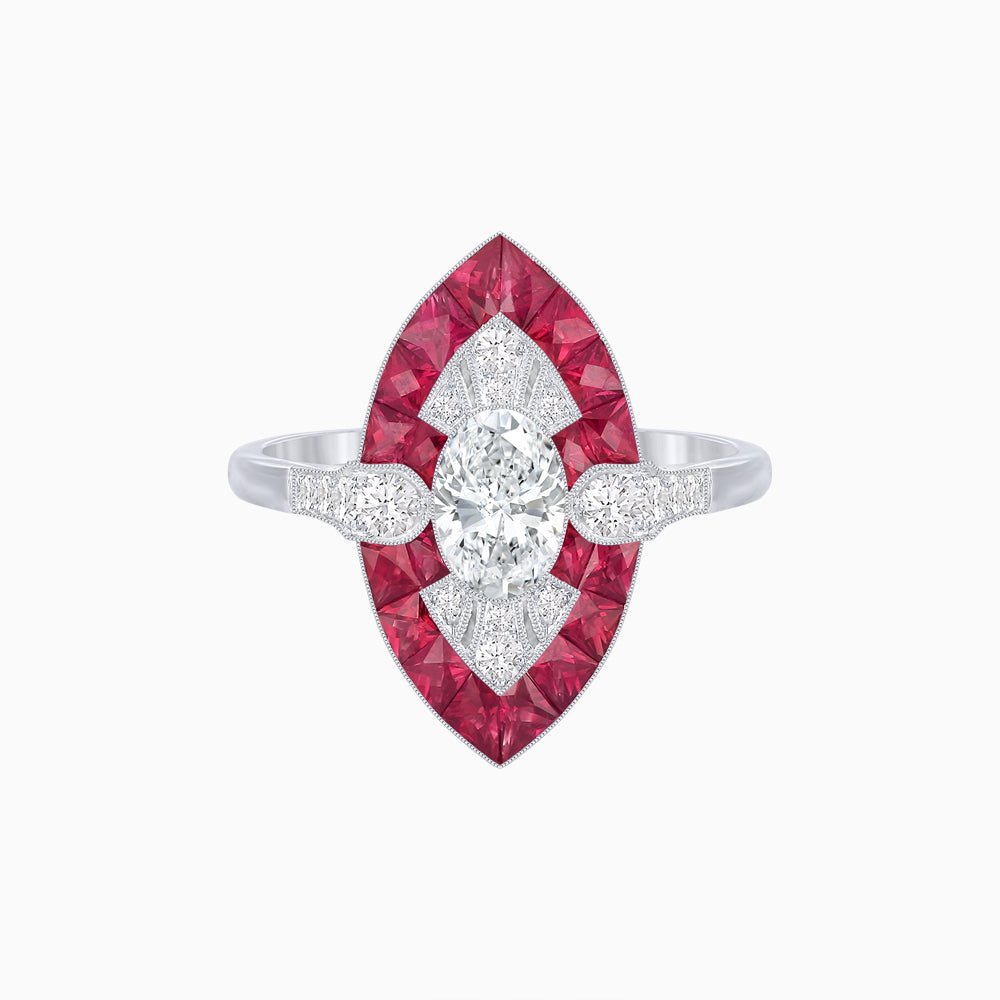 Art Deco Inspired Oval Cut Center Ring with Calibré-Cut Gemstone Navette Halo - Shahin Jewelry