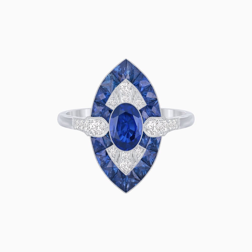 Art Deco Inspired Oval Cut Center Ring with Calibré-Cut Gemstone Navette Halo - Shahin Jewelry