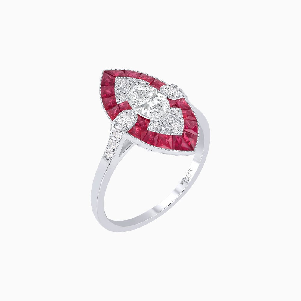 Art Deco Inspired Oval Cut Center Ring with Calibré-Cut Gemstone Navette Halo - Shahin Jewelry