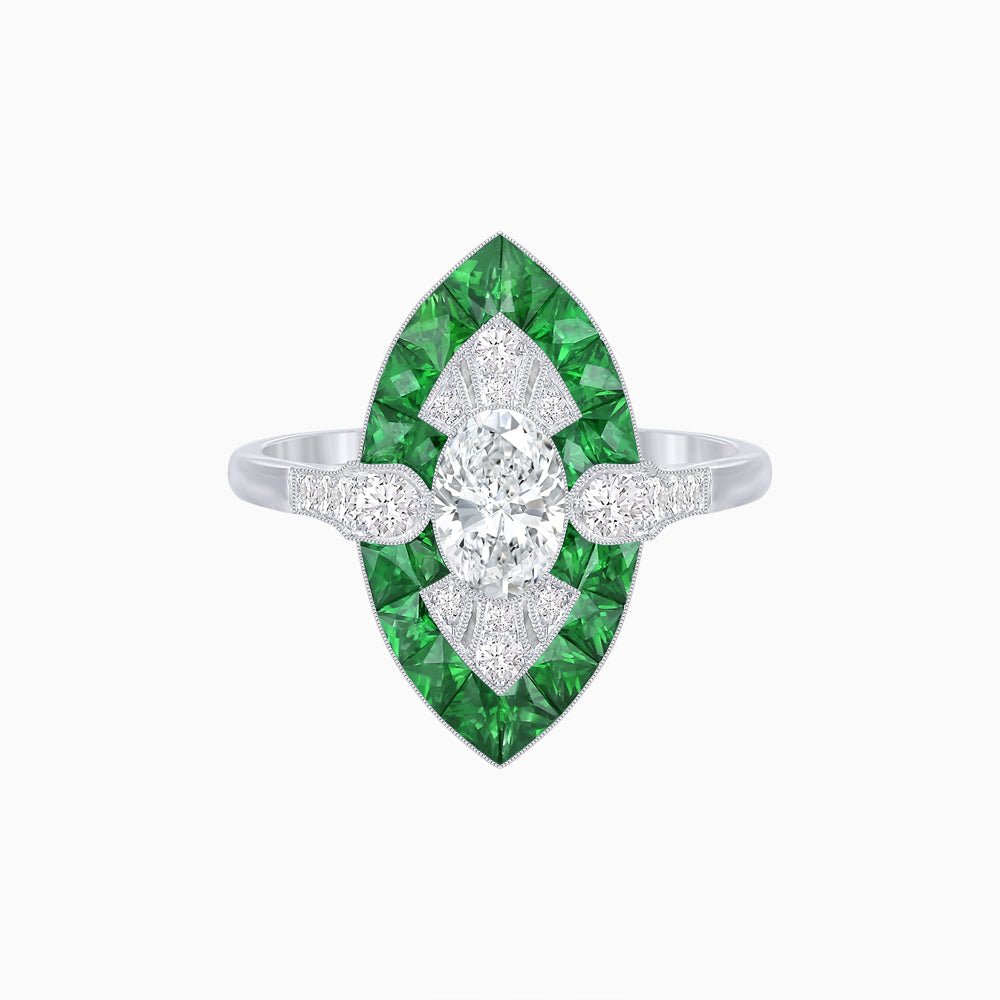 Art Deco Inspired Oval Cut Center Ring with Calibré-Cut Gemstone Navette Halo - Shahin Jewelry