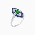 Load image into Gallery viewer, Art Deco Inspired Oval Cut Center Ring with Calibré-Cut Gemstone Navette Halo - Shahin Jewelry