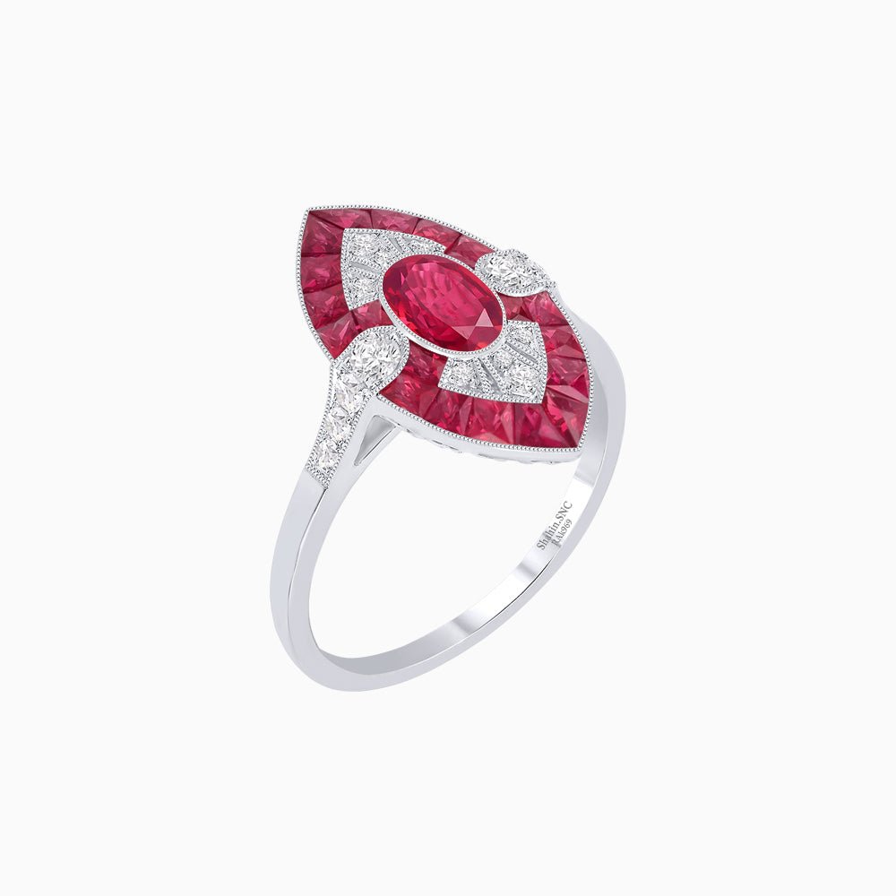 Art Deco Inspired Oval Cut Center Ring with Calibré-Cut Gemstone Navette Halo - Shahin Jewelry