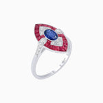 Load image into Gallery viewer, Art Deco Inspired Oval Cut Center Ring with Calibré-Cut Gemstone Navette Halo - Shahin Jewelry