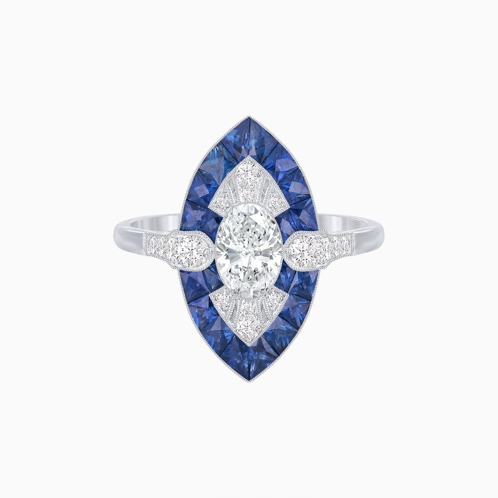 Art Deco Inspired Oval Cut Center Ring with Calibré-Cut Gemstone Navette Halo - Shahin Jewelry