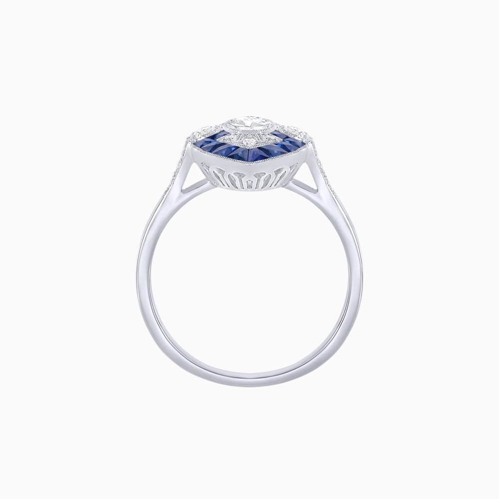 Art Deco Inspired Oval Cut Center Ring with Calibré-Cut Gemstone Navette Halo - Shahin Jewelry