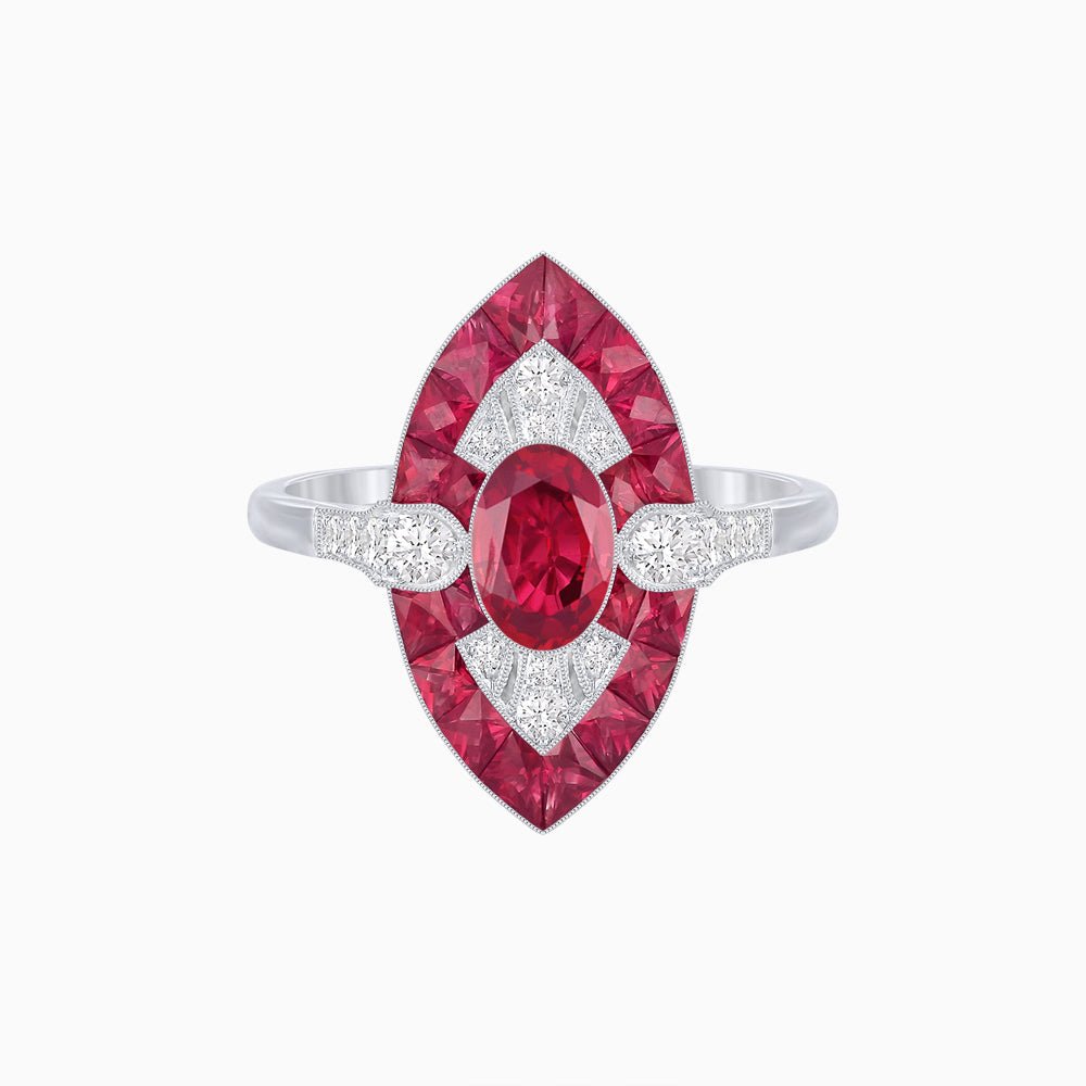Art Deco Inspired Oval Cut Center Ring with Calibré-Cut Gemstone Navette Halo - Shahin Jewelry