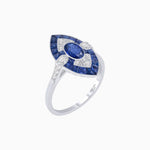 Load image into Gallery viewer, Art Deco Inspired Oval Cut Center Ring with Calibré-Cut Gemstone Navette Halo - Shahin Jewelry