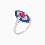 Load image into Gallery viewer, Art Deco Inspired Oval Cut Center Ring with Calibré-Cut Gemstone Navette Halo - Shahin Jewelry