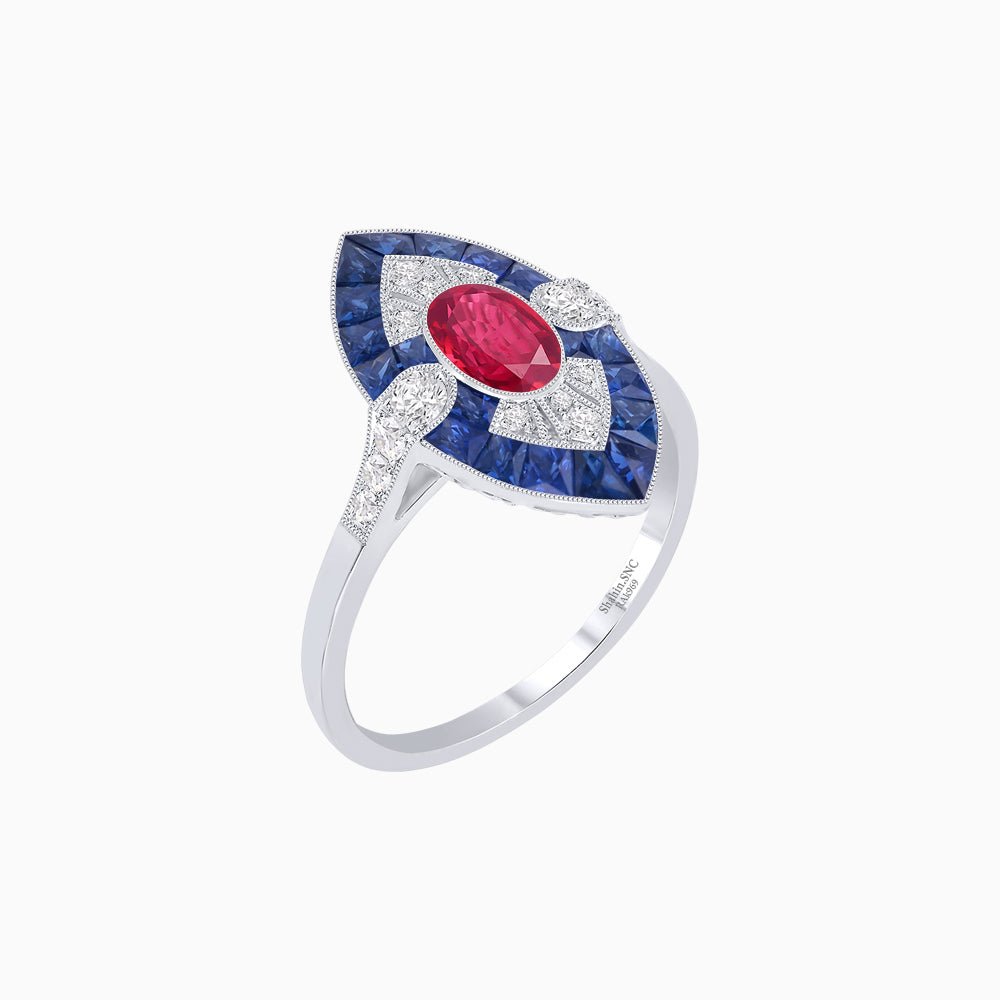Art Deco Inspired Oval Cut Center Ring with Calibré-Cut Gemstone Navette Halo - Shahin Jewelry