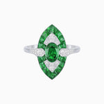 Load image into Gallery viewer, Art Deco Inspired Oval Cut Center Ring with Calibré-Cut Gemstone Navette Halo - Shahin Jewelry