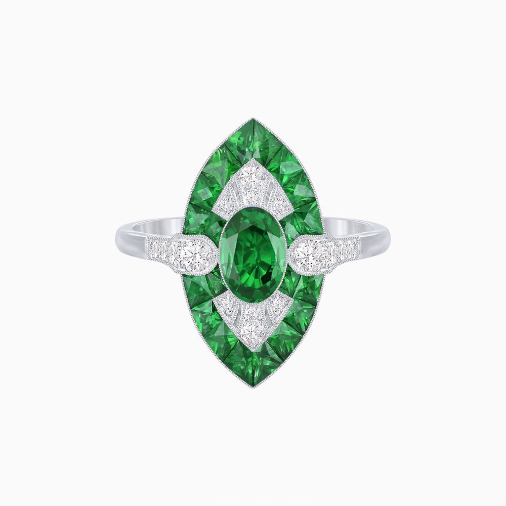 Art Deco Inspired Oval Cut Center Ring with Calibré-Cut Gemstone Navette Halo - Shahin Jewelry