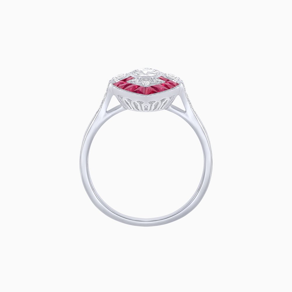 Art Deco Inspired Oval Cut Center Ring with Calibré-Cut Gemstone Navette Halo - Shahin Jewelry