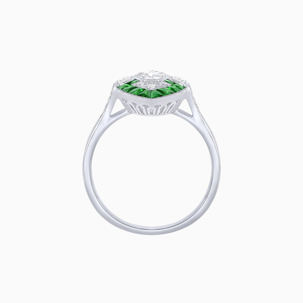 Art Deco Inspired Oval Cut Center Ring with Calibré-Cut Gemstone Navette Halo - Shahin Jewelry