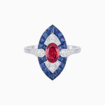Load image into Gallery viewer, Art Deco Inspired Oval Cut Center Ring with Calibré-Cut Gemstone Navette Halo - Shahin Jewelry