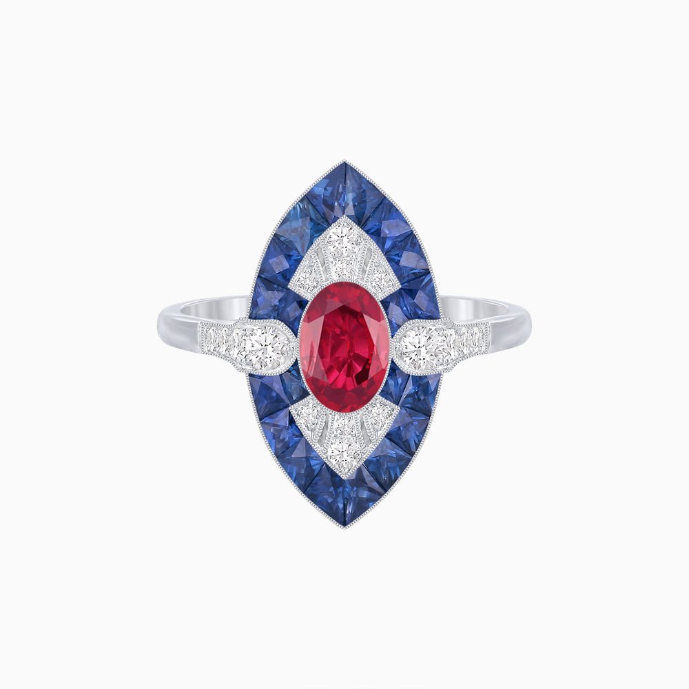 Art Deco Inspired Oval Cut Center Ring with Calibré-Cut Gemstone Navette Halo - Shahin Jewelry