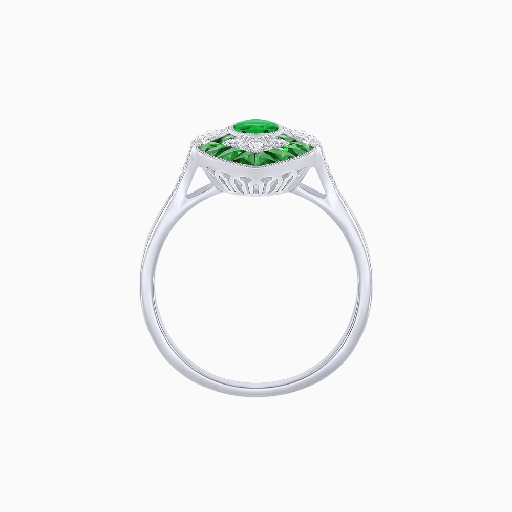 Art Deco Inspired Oval Cut Center Ring with Calibré-Cut Gemstone Navette Halo - Shahin Jewelry