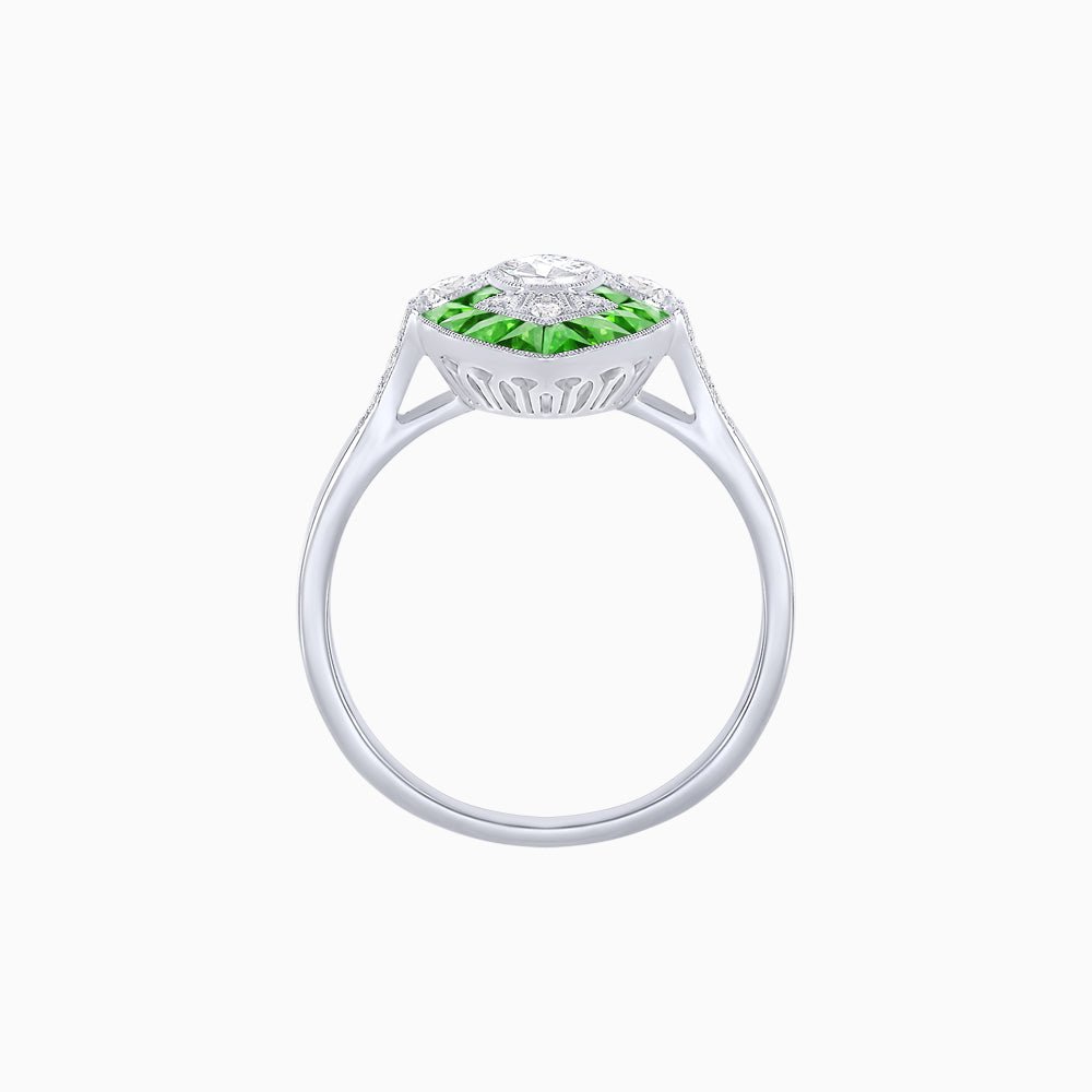 Art Deco Inspired Oval Cut Center Ring with Calibré-Cut Gemstone Navette Halo - Shahin Jewelry