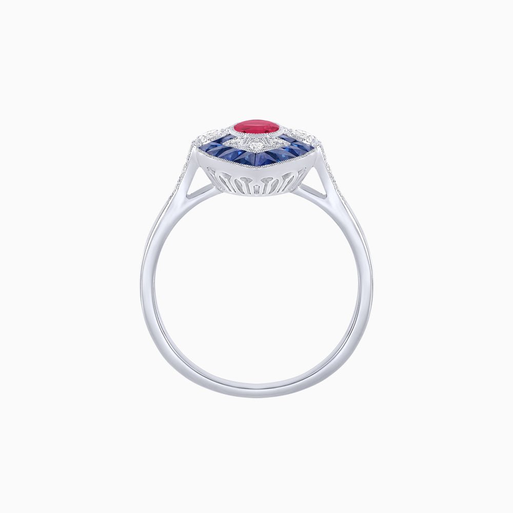 Art Deco Inspired Oval Cut Center Ring with Calibré-Cut Gemstone Navette Halo - Shahin Jewelry