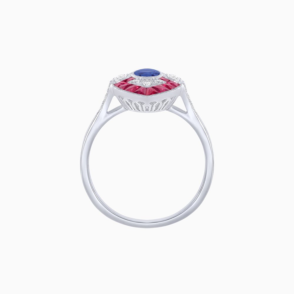 Art Deco Inspired Oval Cut Center Ring with Calibré-Cut Gemstone Navette Halo - Shahin Jewelry