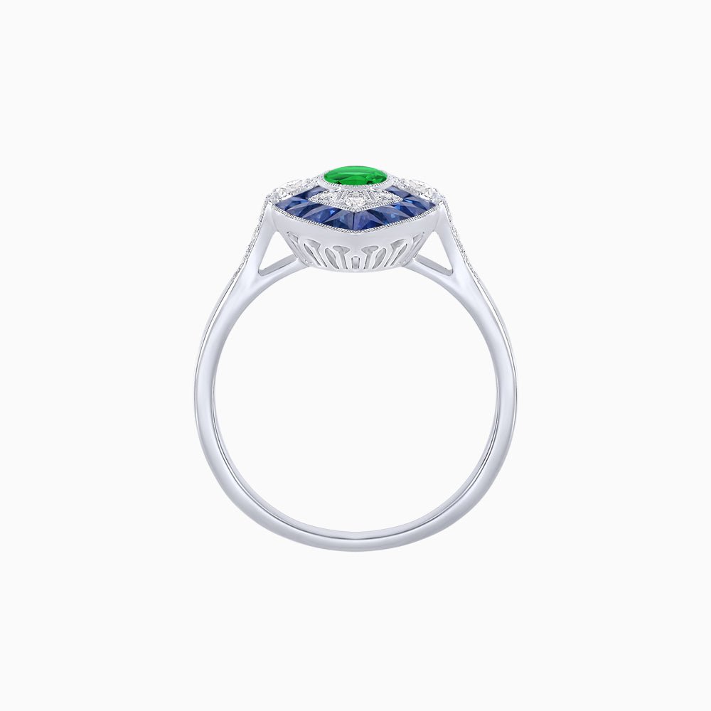 Art Deco Inspired Oval Cut Center Ring with Calibré-Cut Gemstone Navette Halo - Shahin Jewelry