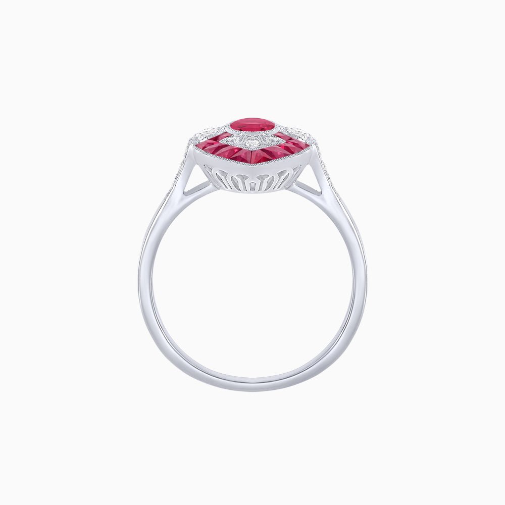 Art Deco Inspired Oval Cut Center Ring with Calibré-Cut Gemstone Navette Halo - Shahin Jewelry