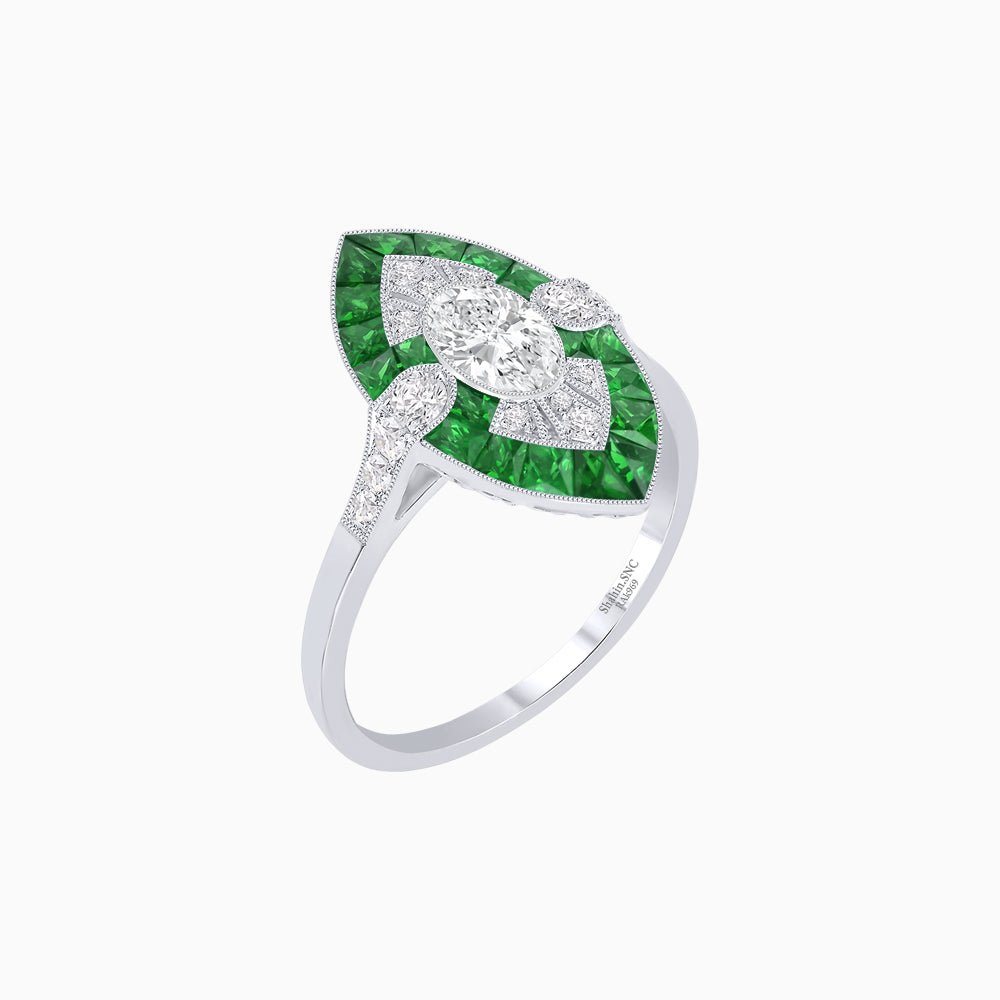 Art Deco Inspired Oval Cut Center Ring with Calibré-Cut Gemstone Navette Halo - Shahin Jewelry