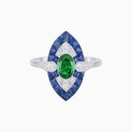 Load image into Gallery viewer, Art Deco Inspired Oval Cut Center Ring with Calibré-Cut Gemstone Navette Halo - Shahin Jewelry