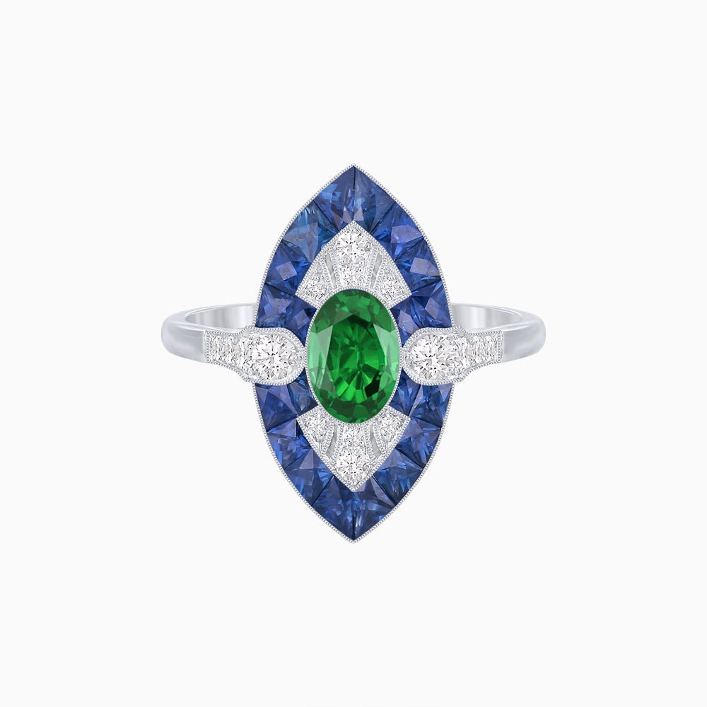 Art Deco Inspired Oval Cut Center Ring with Calibré-Cut Gemstone Navette Halo - Shahin Jewelry