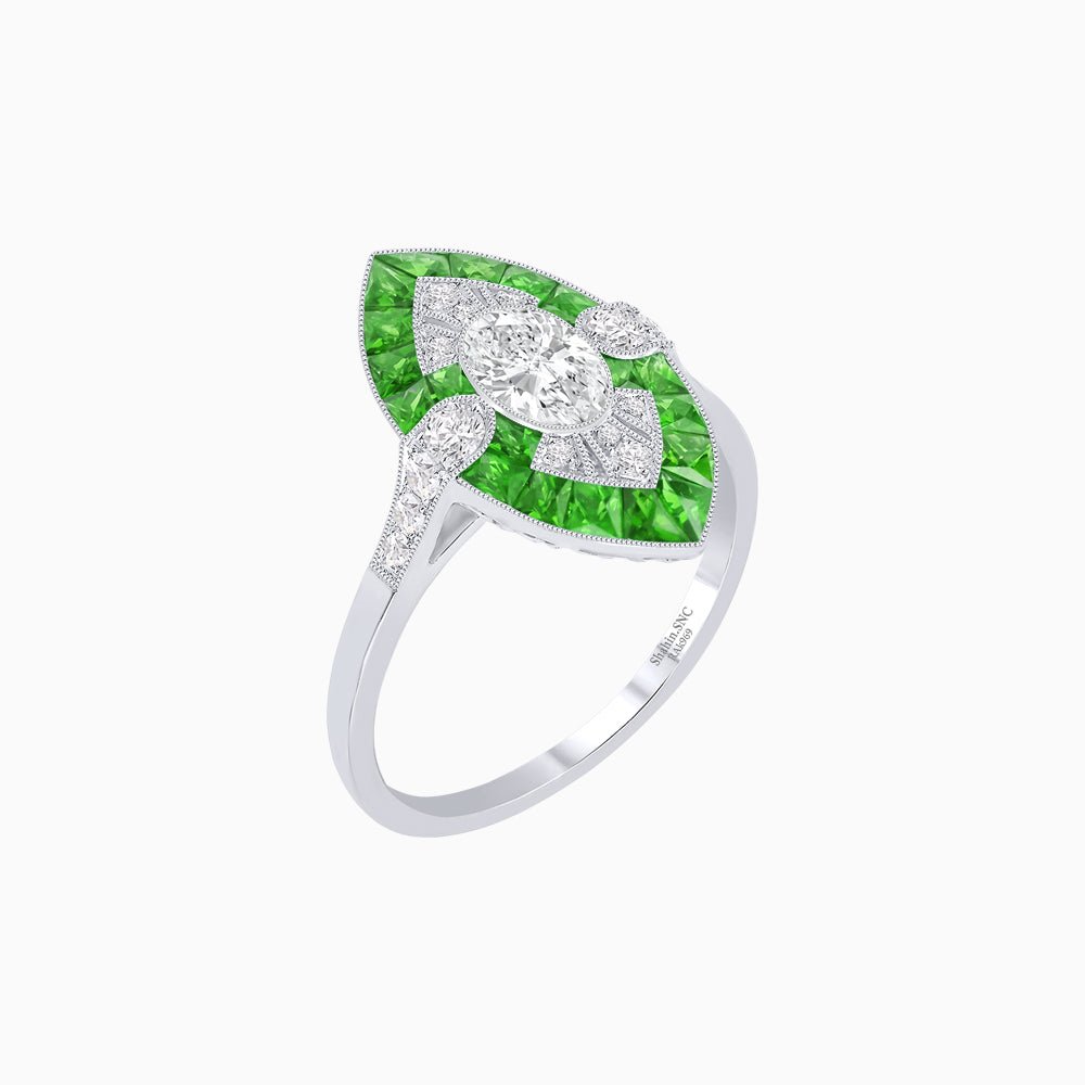 Art Deco Inspired Oval Cut Center Ring with Calibré-Cut Gemstone Navette Halo - Shahin Jewelry