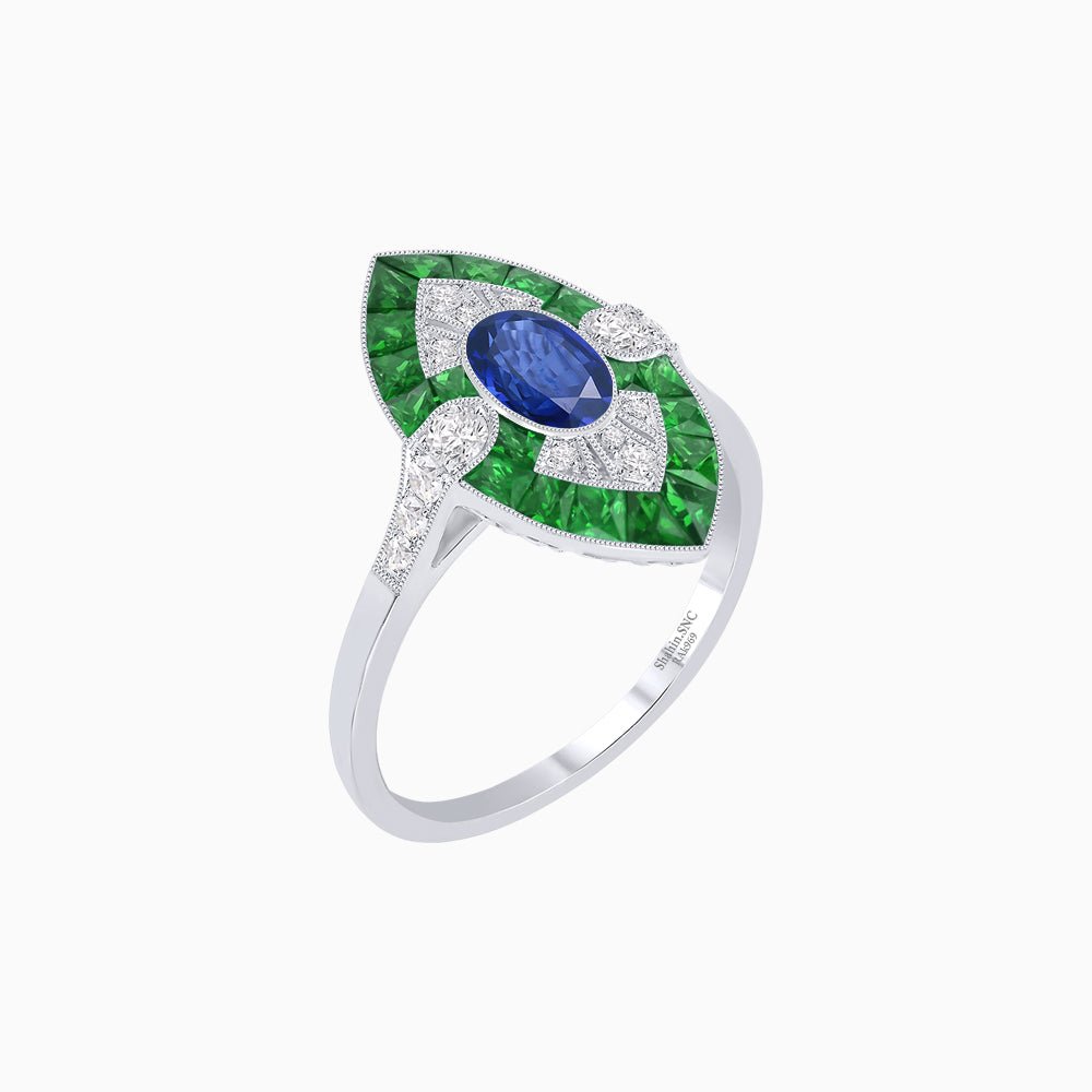 Art Deco Inspired Oval Cut Center Ring with Calibré-Cut Gemstone Navette Halo - Shahin Jewelry