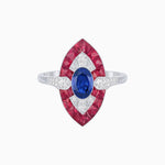 Load image into Gallery viewer, Art Deco Inspired Oval Cut Center Ring with Calibré-Cut Gemstone Navette Halo - Shahin Jewelry