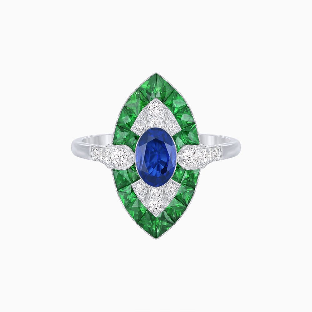 Art Deco Inspired Oval Cut Center Ring with Calibré-Cut Gemstone Navette Halo - Shahin Jewelry