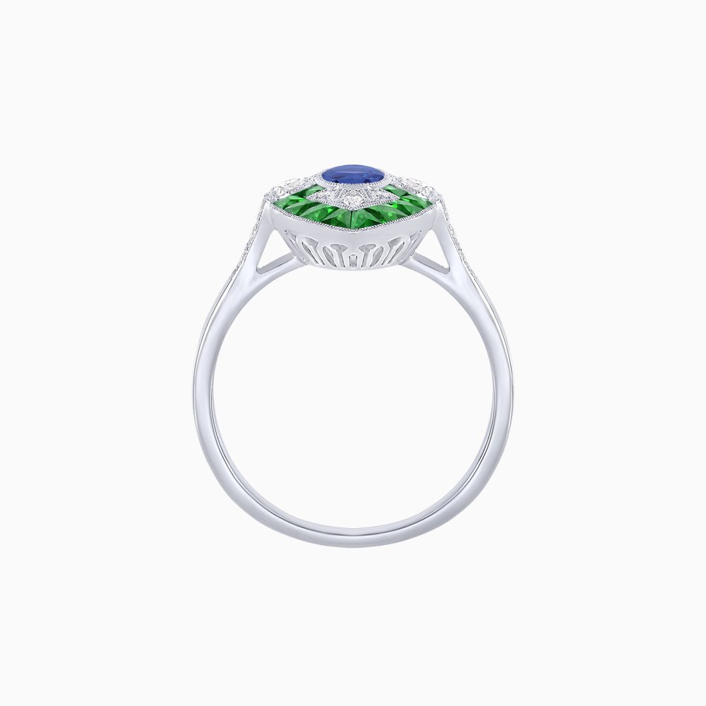 Art Deco Inspired Oval Cut Center Ring with Calibré-Cut Gemstone Navette Halo - Shahin Jewelry