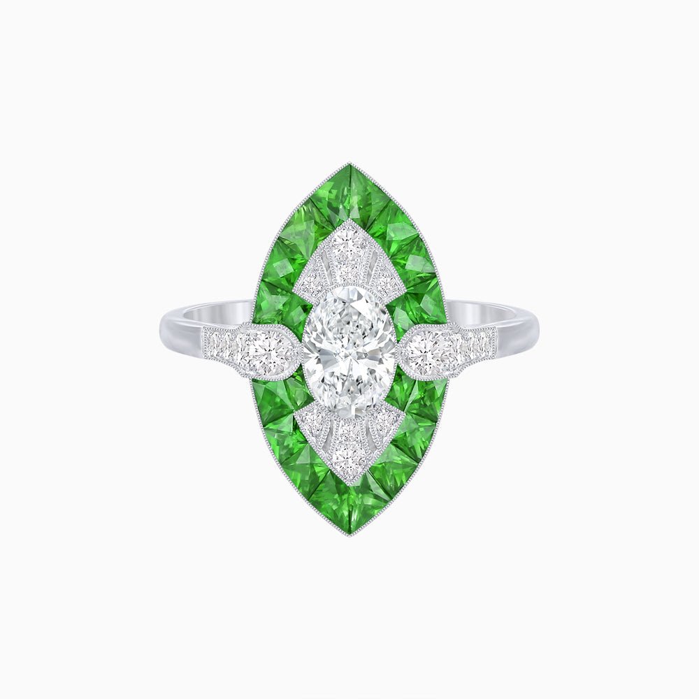 Art Deco Inspired Oval Cut Center Ring with Calibré-Cut Gemstone Navette Halo - Shahin Jewelry