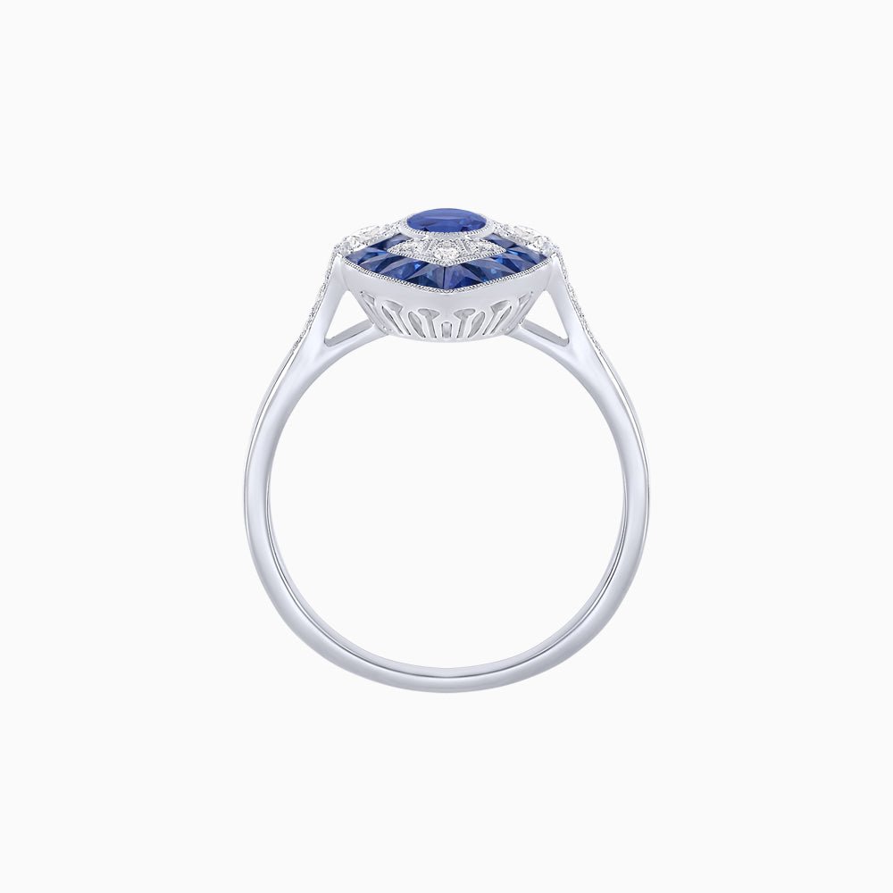 Art Deco Inspired Oval Cut Center Ring with Calibré-Cut Gemstone Navette Halo - Shahin Jewelry