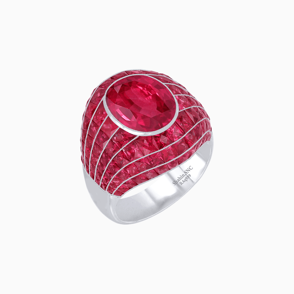 Art Deco Inspired Oval Cut Invisible-Set Mosaic Dome Ring - Shahin Jewelry