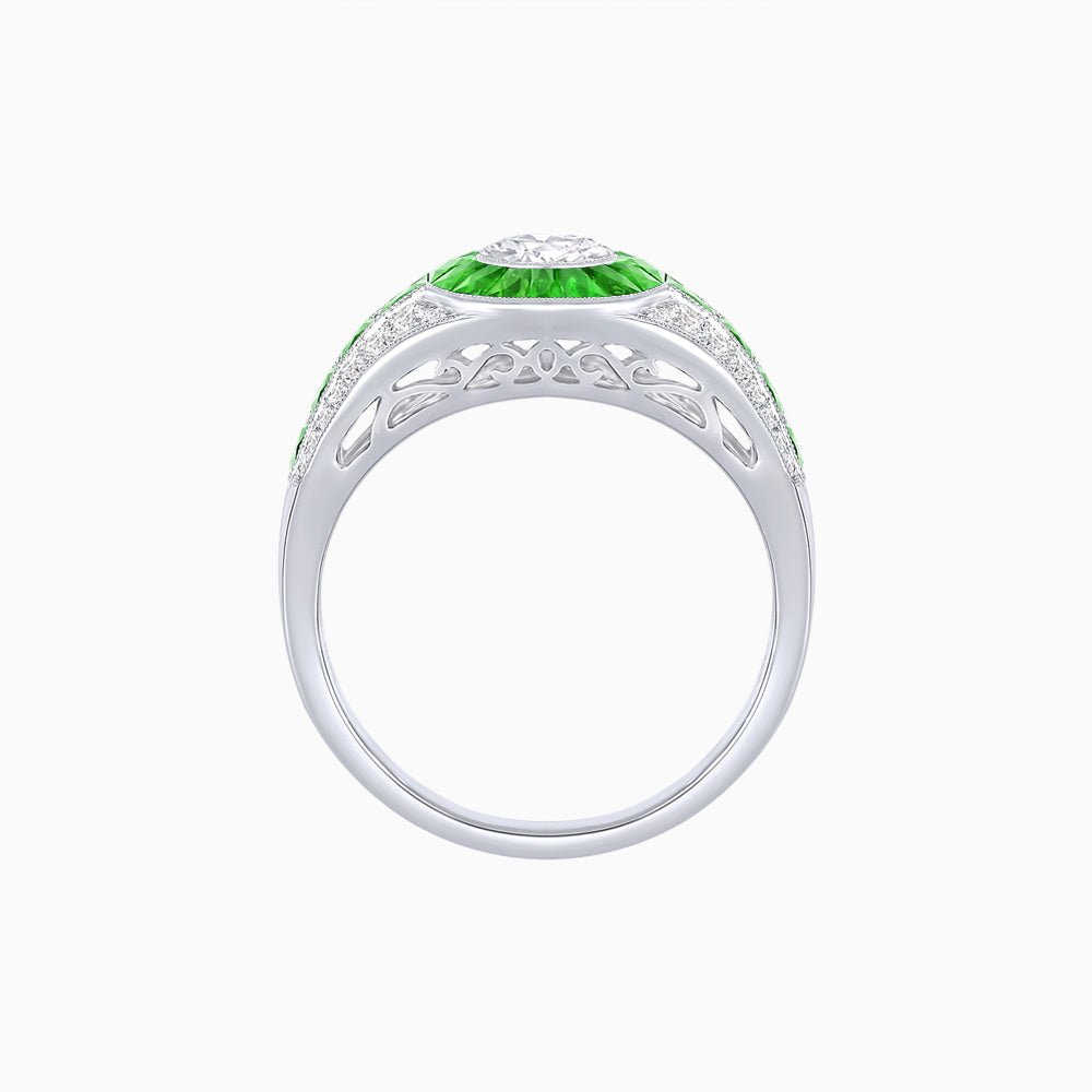 Art Deco Inspired Oval Cut Ring with Calibré Gemstone Halo and Diamond Accents - Shahin Jewelry