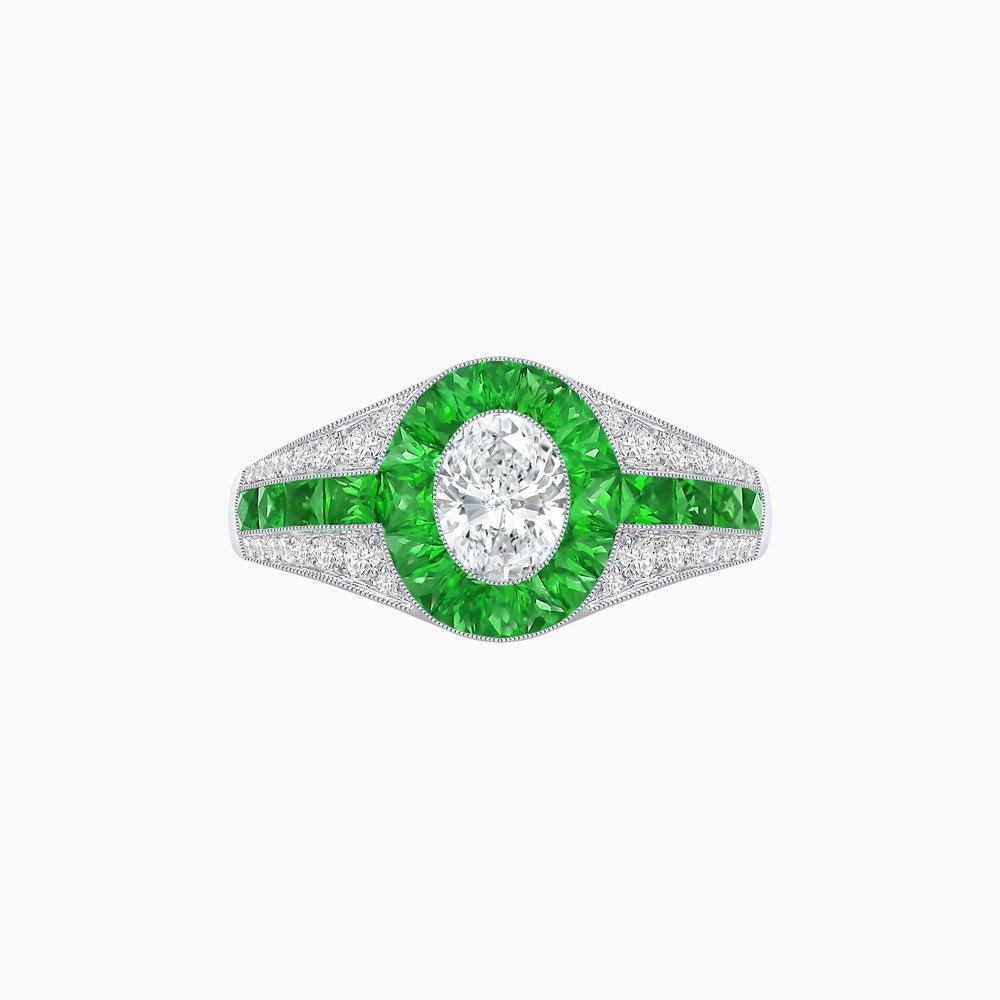 Art Deco Inspired Oval Cut Ring with Calibré Gemstone Halo and Diamond Accents - Shahin Jewelry