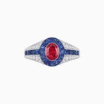 Load image into Gallery viewer, Art Deco Inspired Oval Cut Ring with Calibré Gemstone Halo and Diamond Accents - Shahin Jewelry