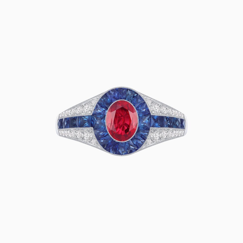 Art Deco Inspired Oval Cut Ring with Calibré Gemstone Halo and Diamond Accents - Shahin Jewelry