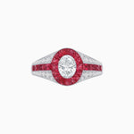 Load image into Gallery viewer, Art Deco Inspired Oval Cut Ring with Calibré Gemstone Halo and Diamond Accents - Shahin Jewelry