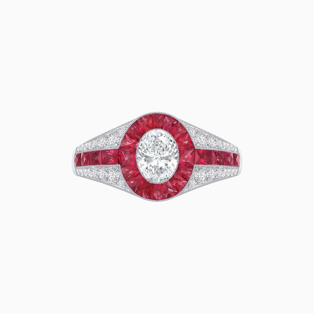 Art Deco Inspired Oval Cut Ring with Calibré Gemstone Halo and Diamond Accents - Shahin Jewelry