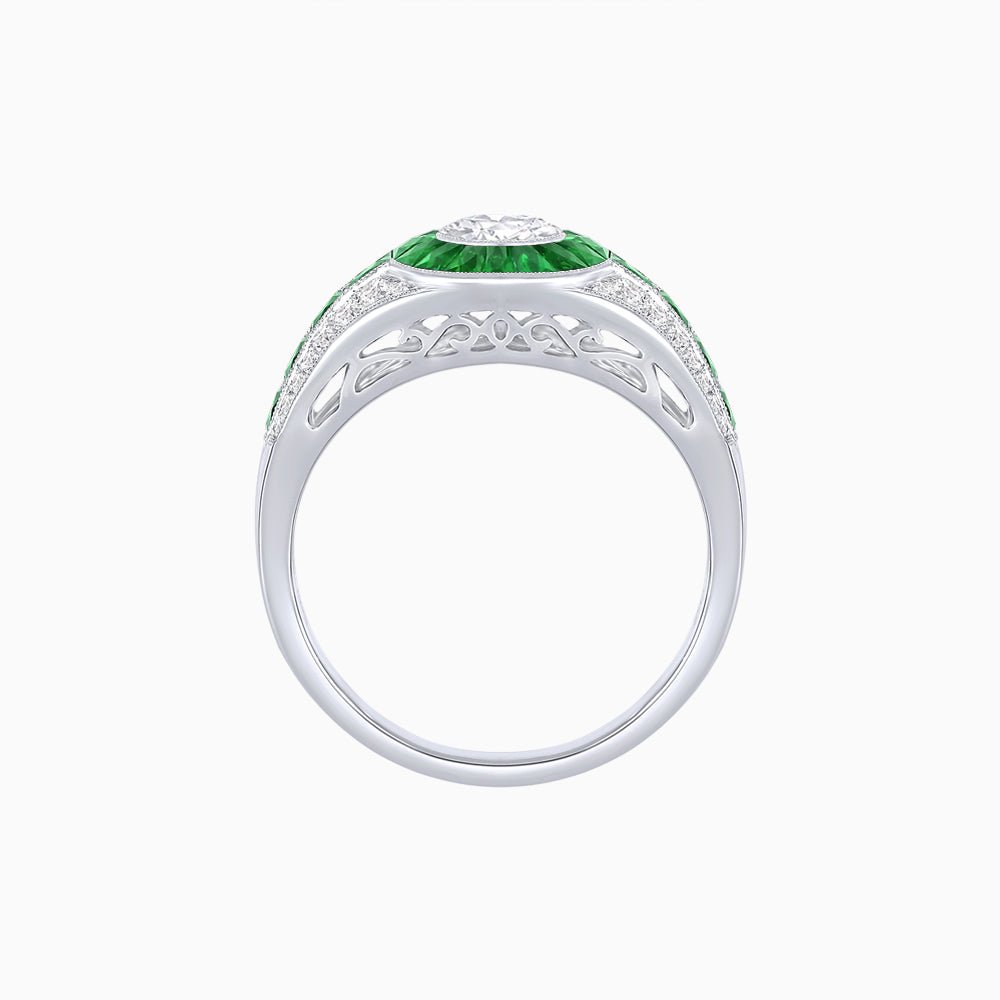 Art Deco Inspired Oval Cut Ring with Calibré Gemstone Halo and Diamond Accents - Shahin Jewelry
