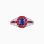 Load image into Gallery viewer, Art Deco Inspired Oval Cut Ring with Calibré Gemstone Halo and Diamond Accents - Shahin Jewelry